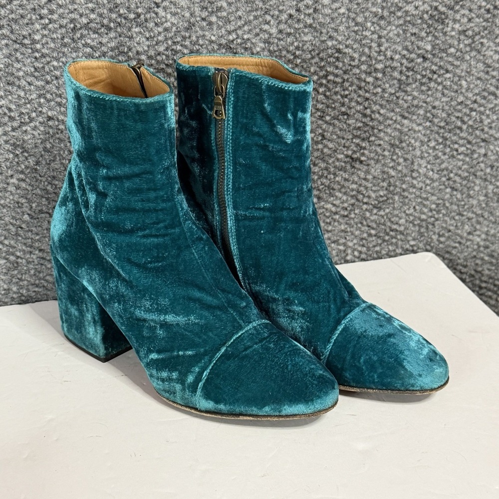 Dries Van Noten Italy Crushed Velvet Ankle Boots Bootie Size 38 Teal